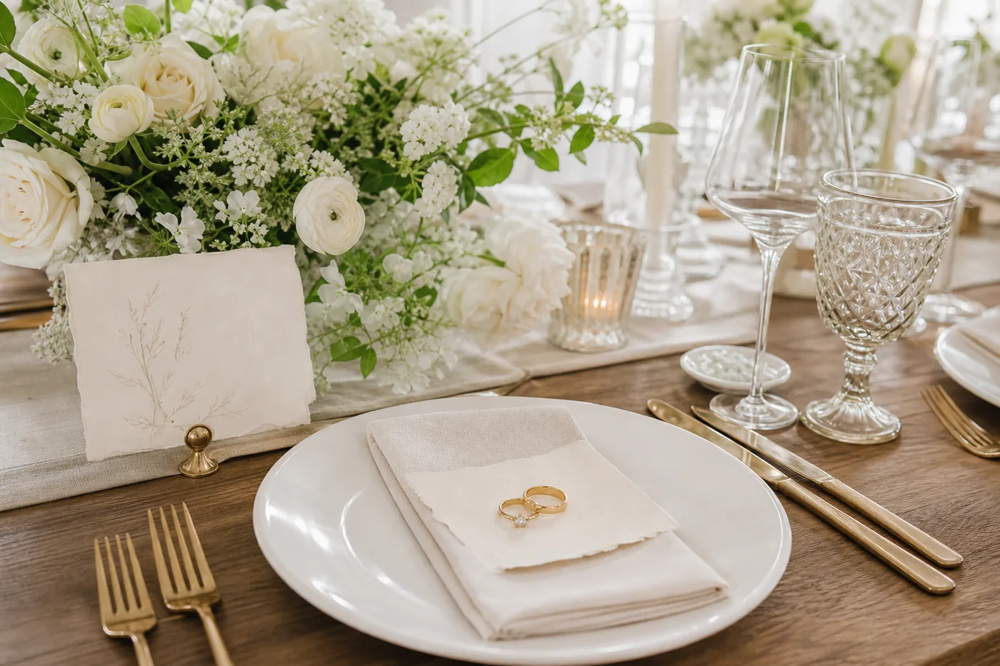 Hochzeitsringe und festliche Tischdekoration