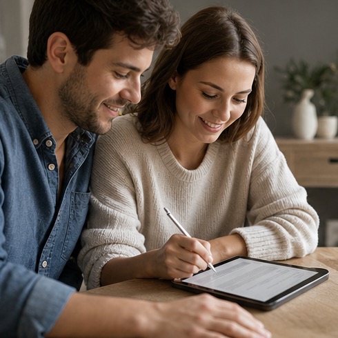 Paar unterschreibt einen Vertrag digital auf einem Tablet