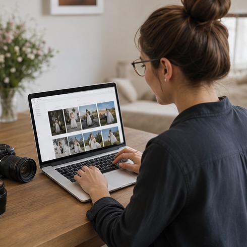 Fotografin richtet ein Hochzeitsevent mit Galerie ein