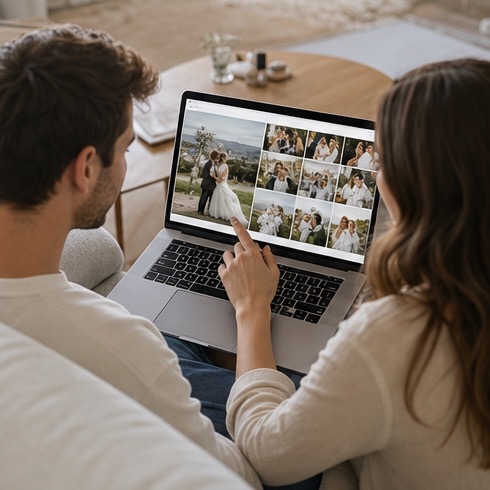 Paar wählt Bilder in seiner Online-Galerie aus