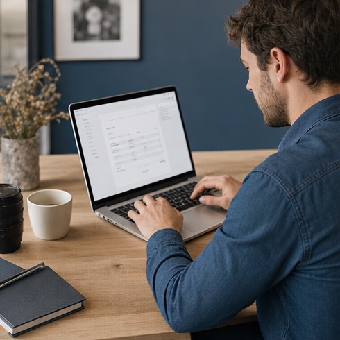 Fotograf erstellt eine Rechnung am Laptop