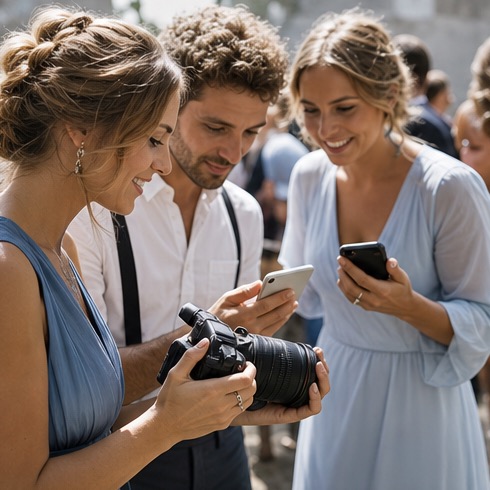 Fotografin und Gäste laden Hochzeitsbilder hoch
